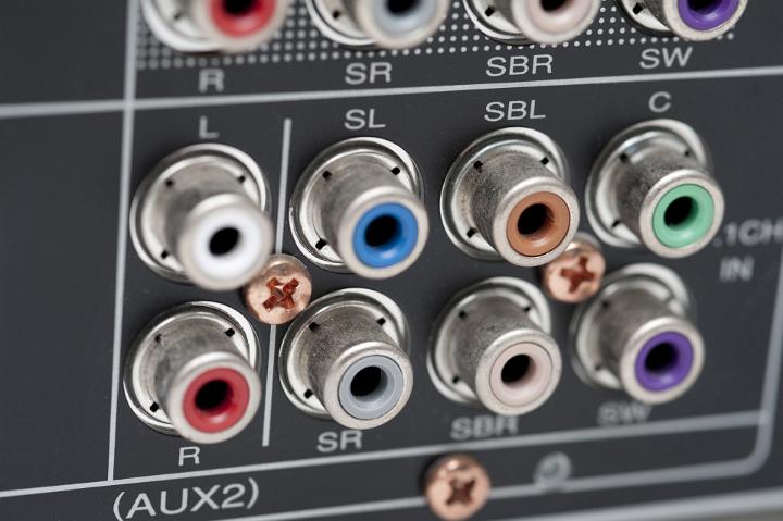 Phono audio connectors on the back of a Surround Sound Amplifier