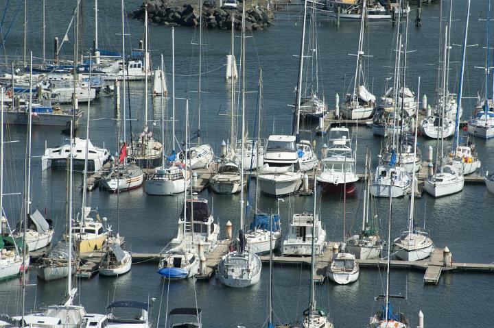 Overview of Many Sailboat Yachts Anchored Along Docks in Marina