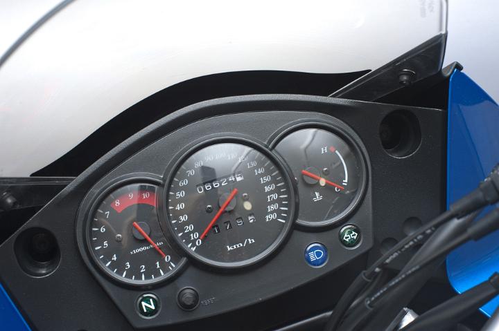Close Up of Motorcycle Instrument Dash Panel Showing Speedometer, Tachometer, and Fuel Gauge