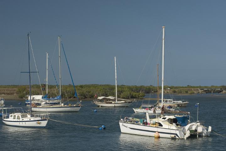 Group of Sailboat Yachts Anchored in Harbor on Sunny Day with Blue Sky