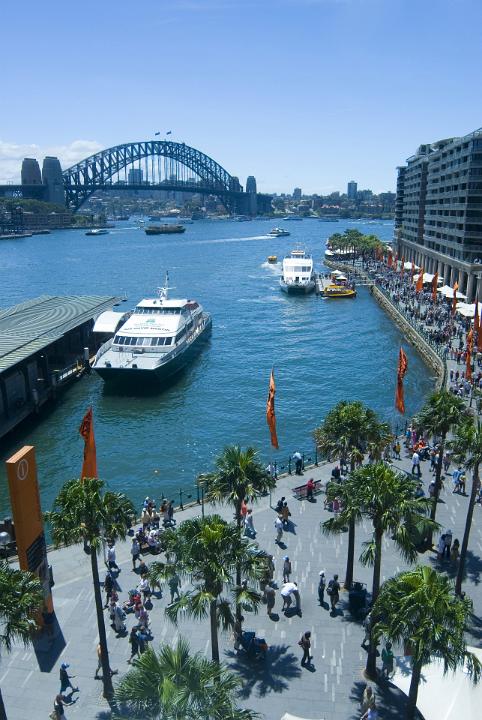Sydney harbor and the Bridge viewed across a quay with ferry terminals, pedestrians and palm trees in a scenic landscape
