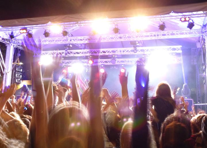Cheering fans or audience at a live event backlit by the bright lights from the concert stage , view from the back