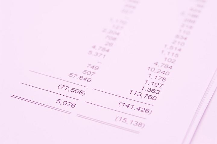 Annual bookkeeping concept with a close up view of the balance sheet totals showing income and expenditure and write downs