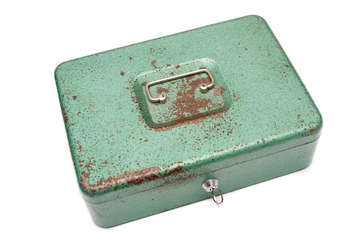 Close up Closed Old Metal Green Cash Box with Key Isolated on White Background
