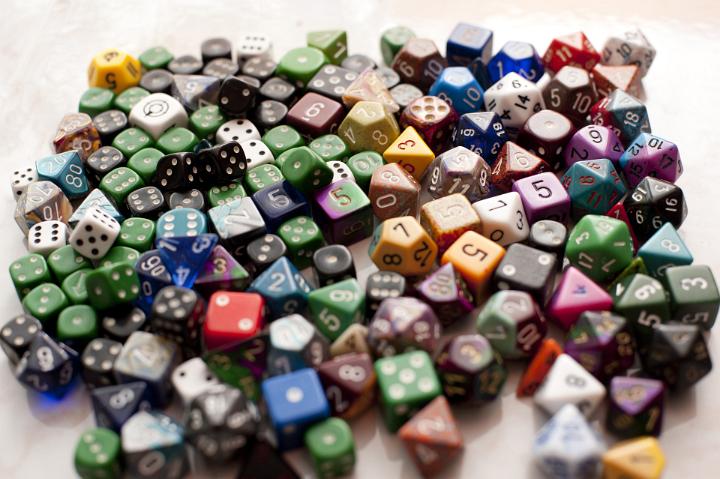 An assortments of colorful multi-sided gaming dice for role palying adventure games